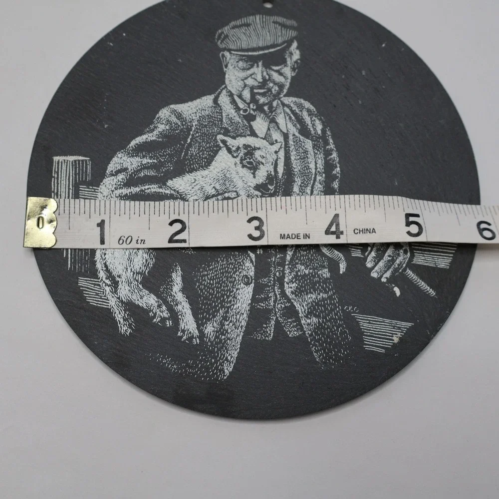 Vintage Etched Slate Round Wall Plaque Shepherd with Lamb & Pipe‎ 6 In
